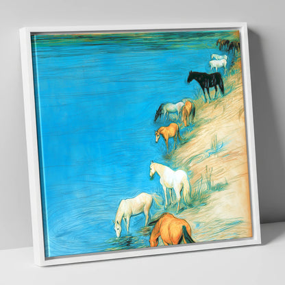 Cerulean River Herd wild horses canvas wall art in white frame