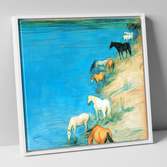 Cerulean River Herd wild horses canvas wall art in white frame
