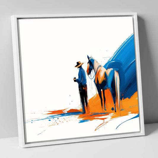 Bold Western Bond horse & rider canvas wall art in white frame