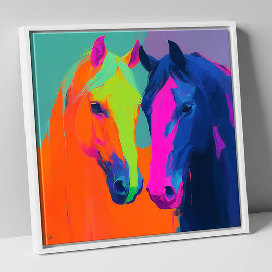 Neon Companions horse portrait canvas wall art in white frame
