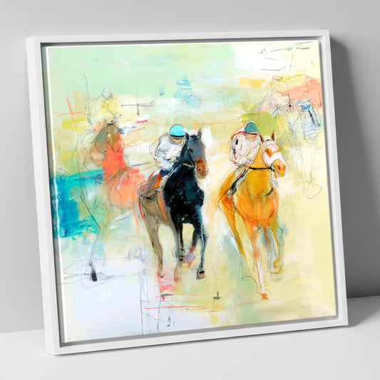 Thundering Strides racing horse canvas wall art in white frame