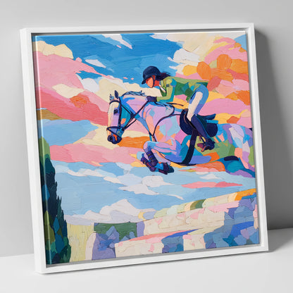 Technicolour Flight show jumping horse canvas wall art in white frame