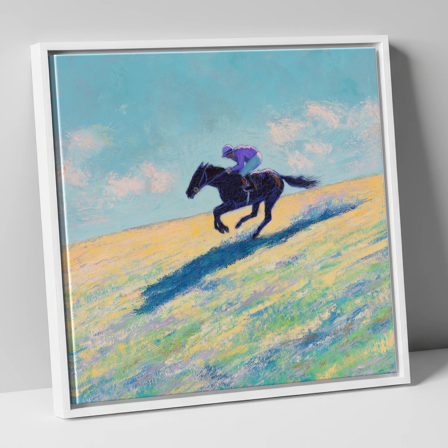 Gallop Across Gold racing horse canvas wall art in white frame