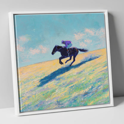 Gallop Across Gold racing horse canvas wall art in white frame