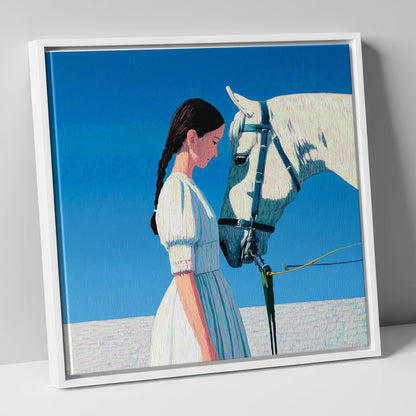 Silent Dialogue horse & rider canvas wall art in white frame