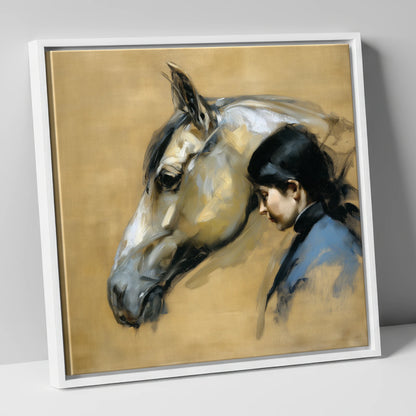 The Silent Bond horse & rider canvas wall art in white frame