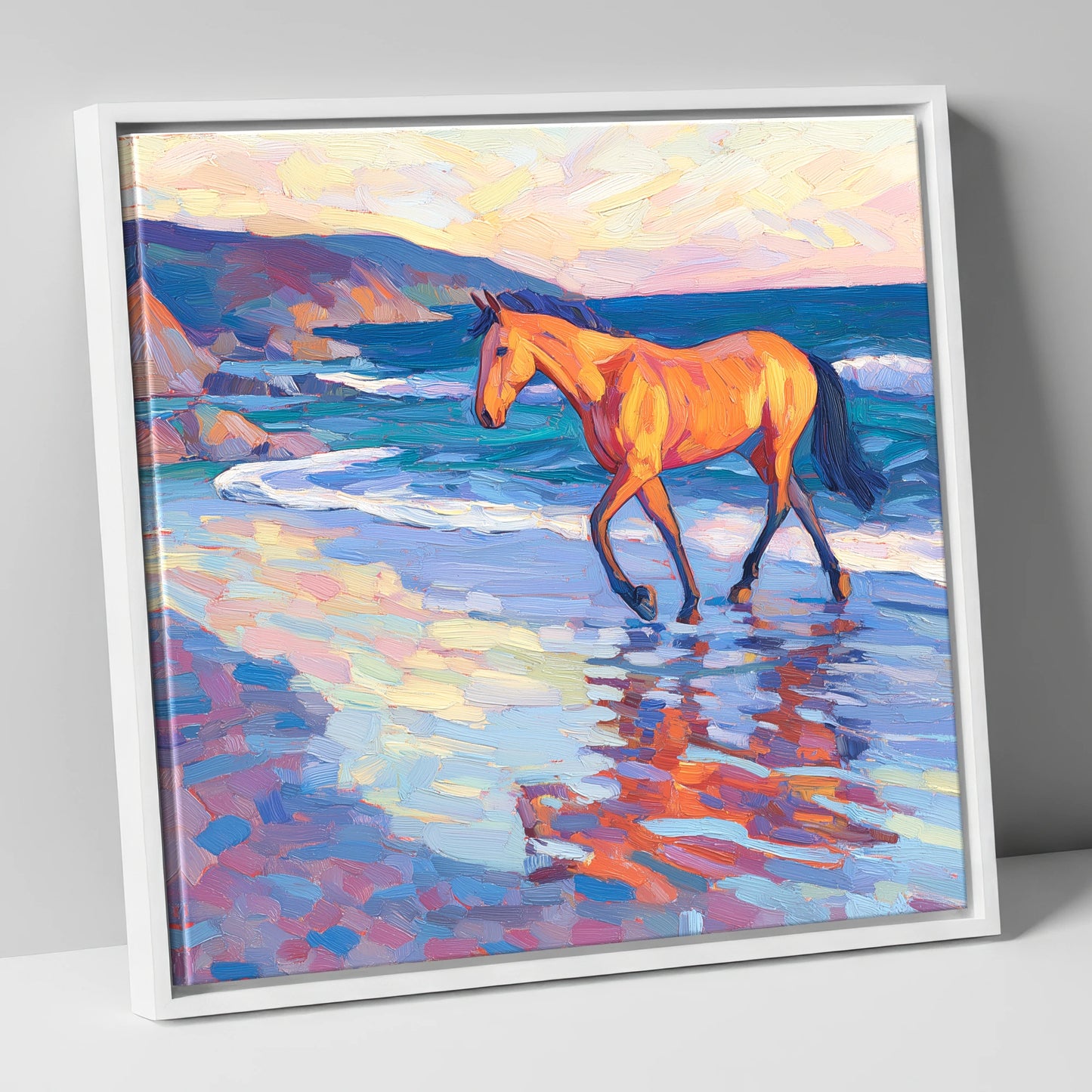 Vibrant Coastal Stride horse landscape canvas wall art in white frame