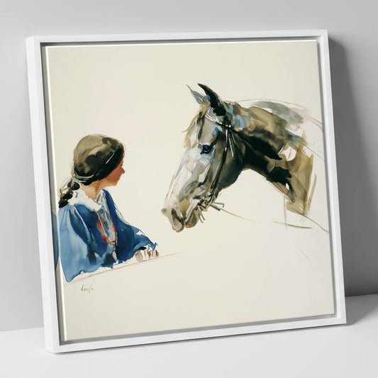 A Shared Silence horse & rider canvas wall art in white frame