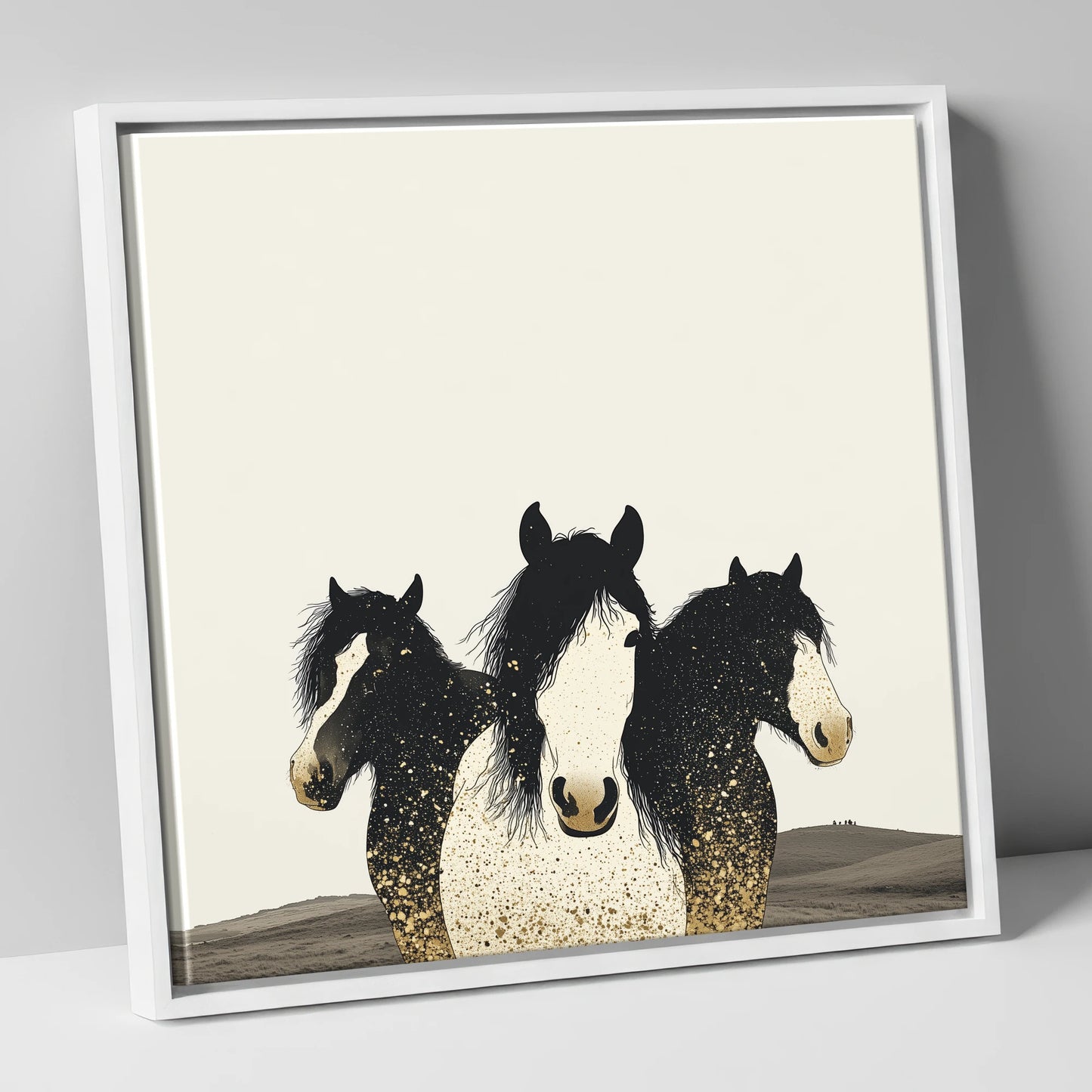 Gilded Companions horse landscape canvas wall art in white frame