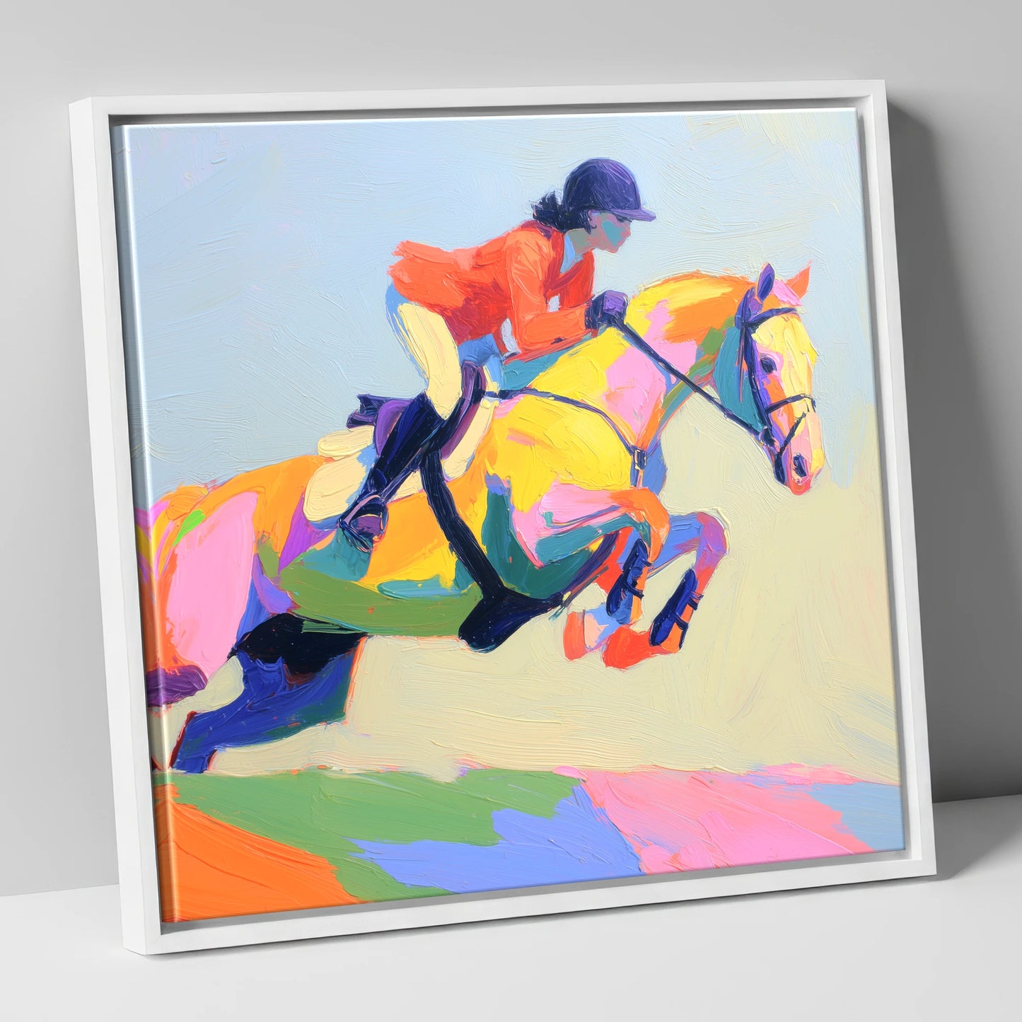 Chromatic Showjumper show jumping horse canvas wall art in white frame