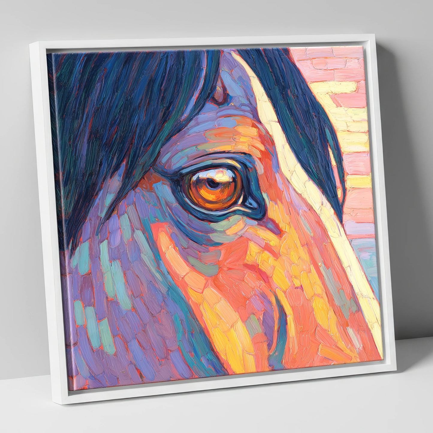 The Vivid Gaze horse portrait canvas wall art in white frame
