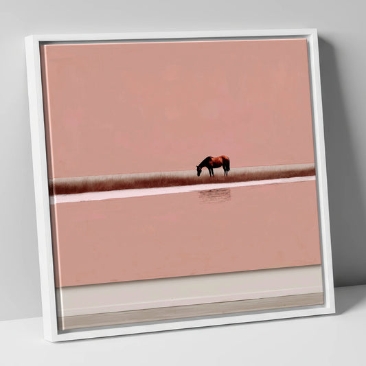 Dusky Rose Horizon horse landscape canvas wall art in white frame