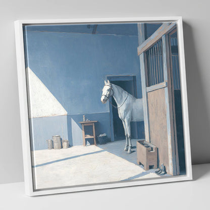 Quiet Morning Yard horse stable canvas wall art in white frame