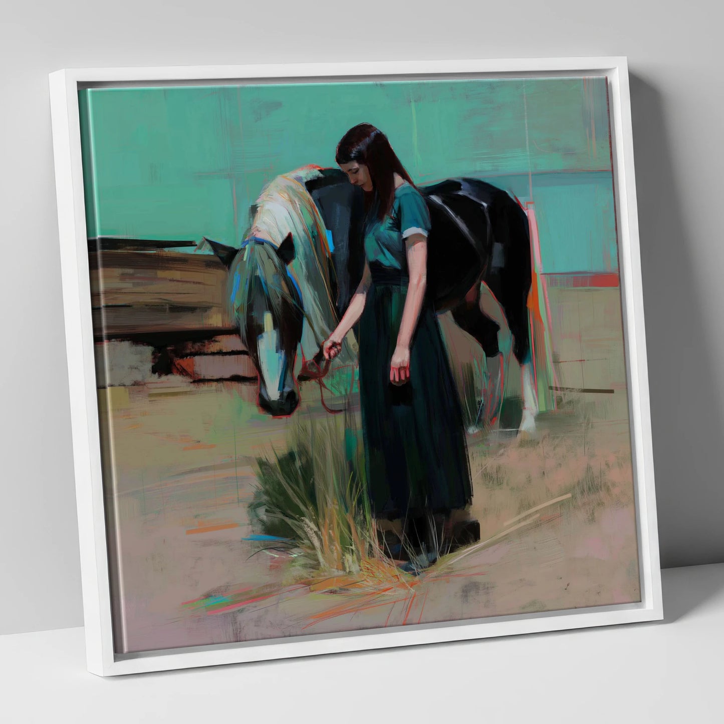 Stillness in Teal horse & rider canvas wall art in white frame