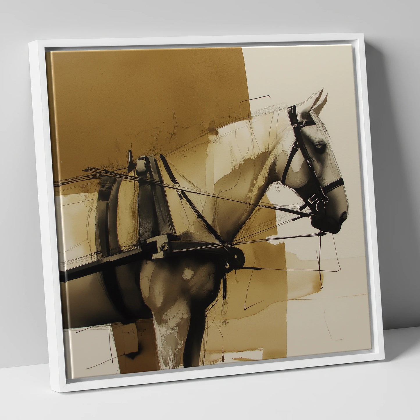 Sepia Harness Study working horse canvas wall art in white frame
