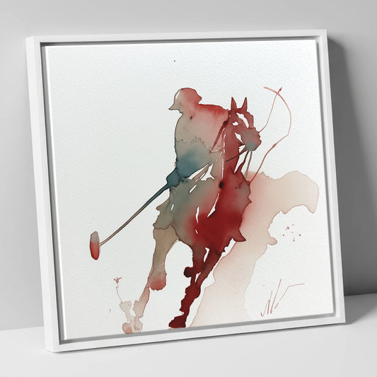 The Crimson Chukka polo horse canvas wall art in white frame