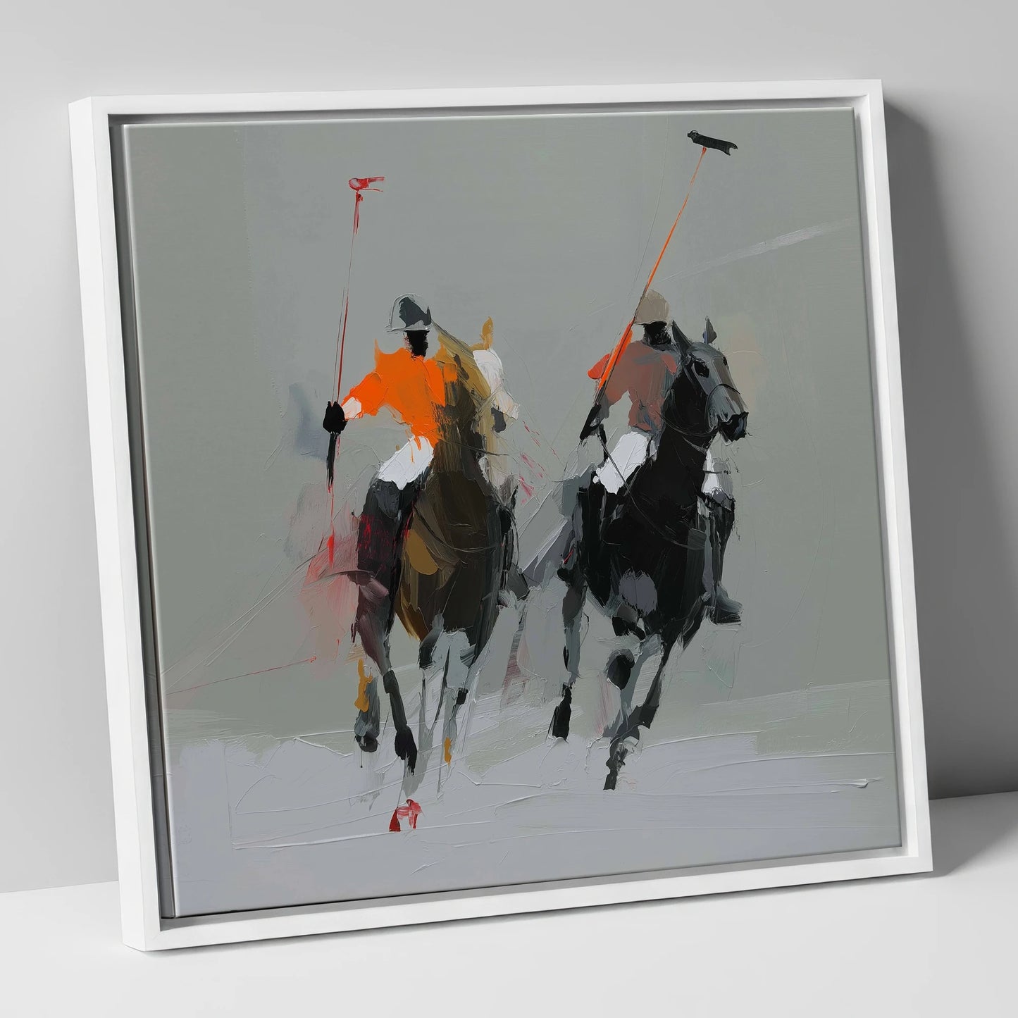 The Breakaway polo horse canvas wall art in white frame