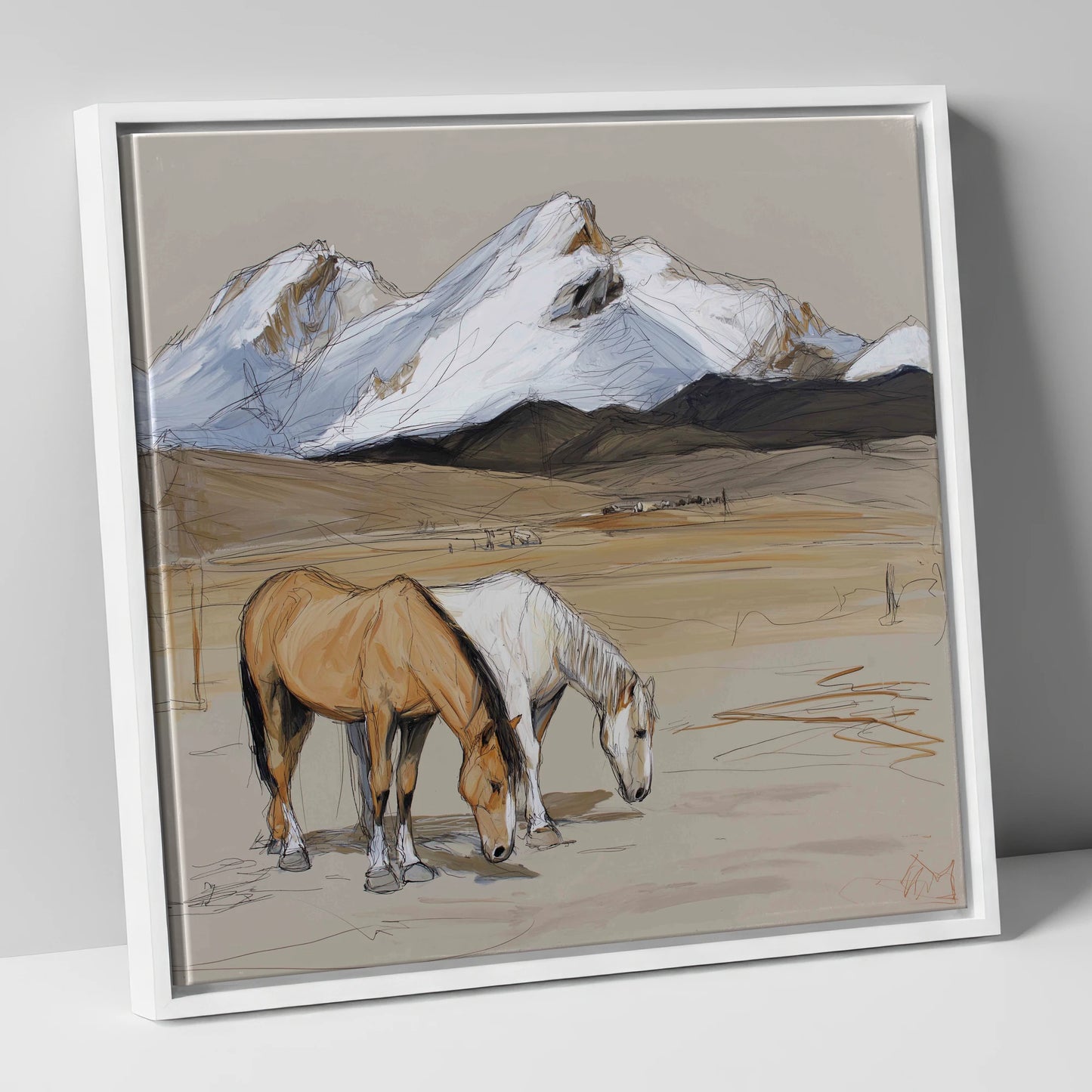 High Country Grazing horse landscape canvas wall art in white frame