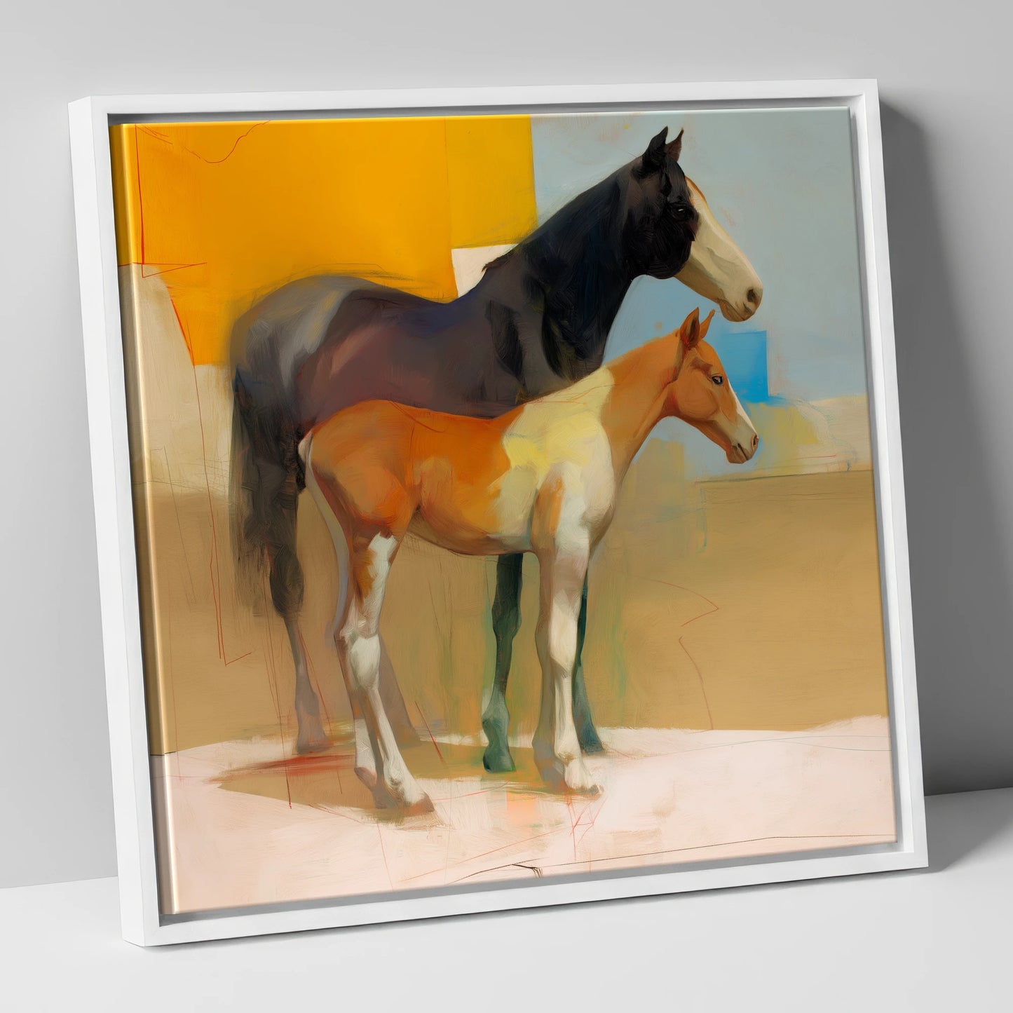 Sunlit Painted Foal mare & foal canvas wall art in white frame