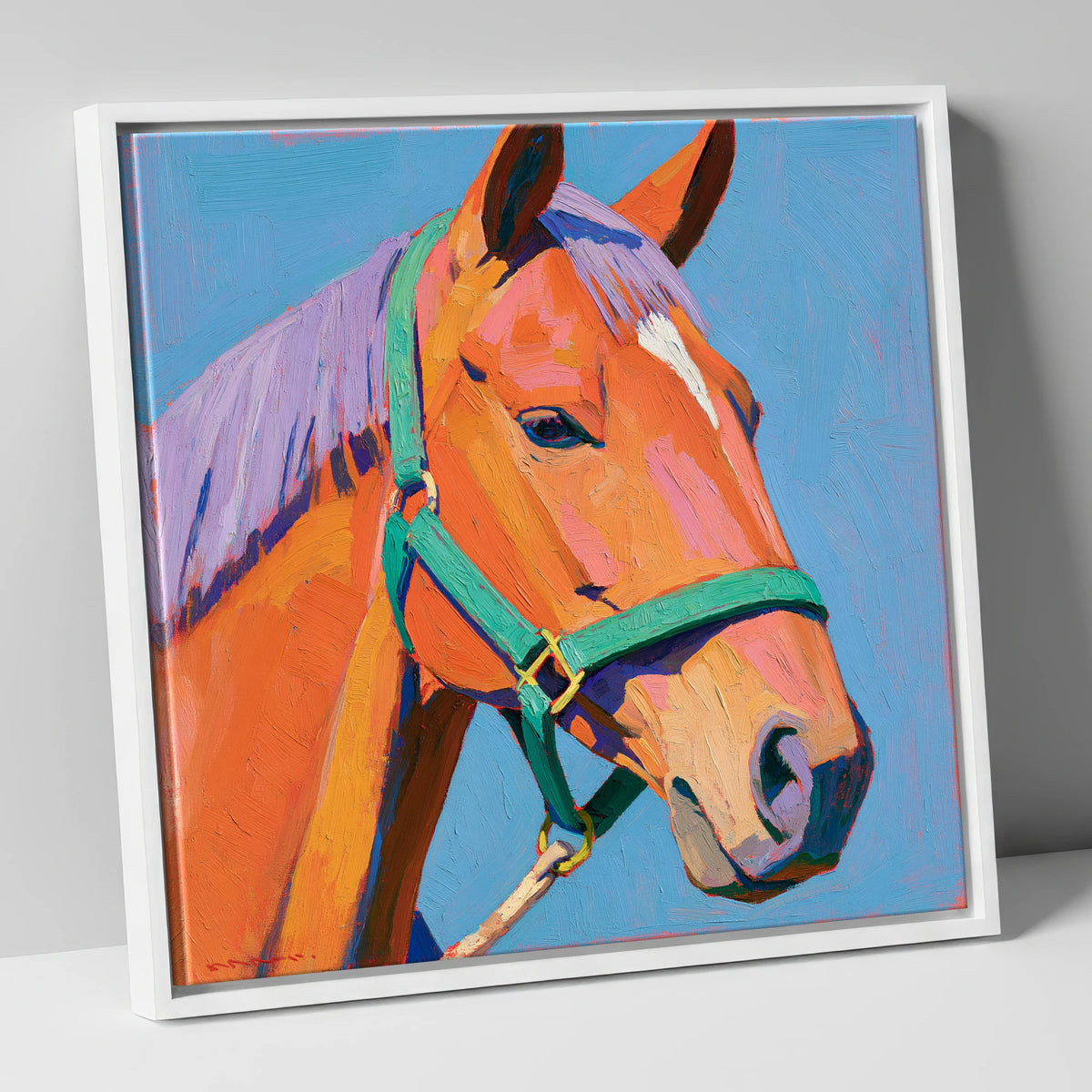 Colourful Chestnut Horse Portrait horse breed canvas wall art in white frame