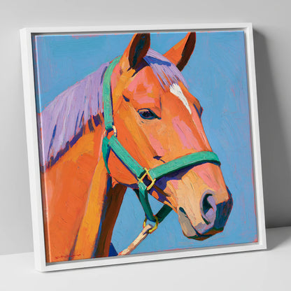 Colourful Chestnut Horse Portrait horse breed canvas wall art in white frame