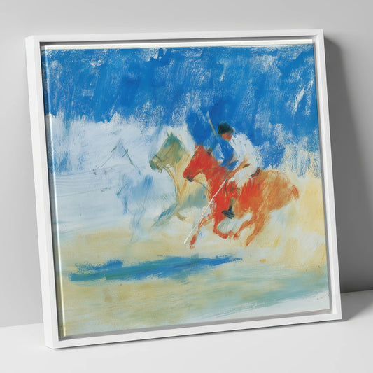 Cerulean Polo Chase polo horse canvas wall art in white frame