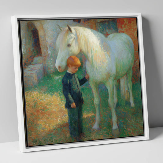 A Quiet Understanding horse & rider canvas wall art in white frame