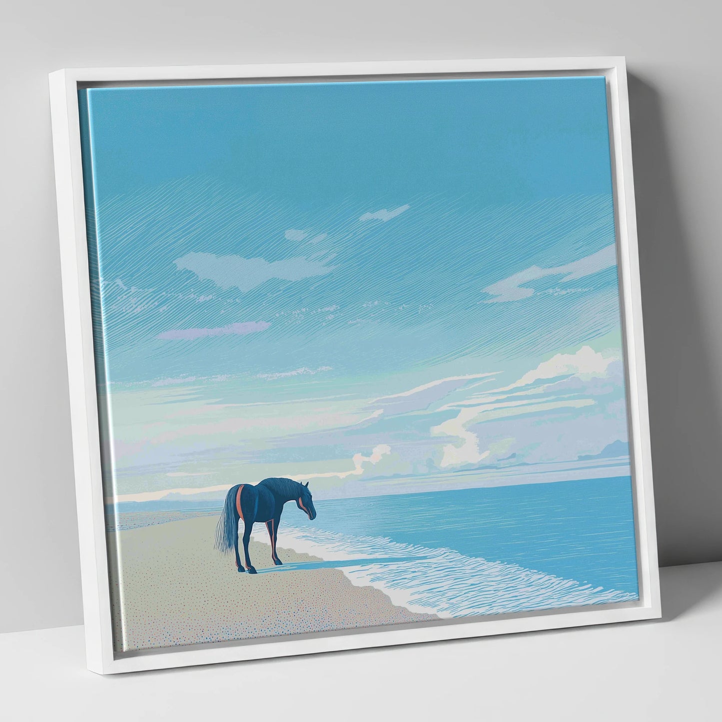 Solitude by the Sea horse landscape canvas wall art in white frame