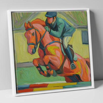 Clearing the Coloureds show jumping horse canvas wall art in white frame