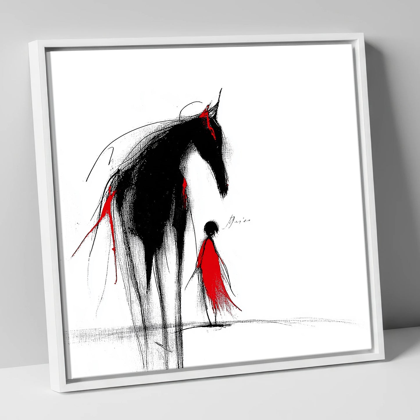 Crimson Silhouette horse & rider canvas wall art in white frame