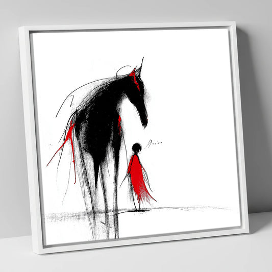 Black Ink Horse and Red Cloak horse & rider canvas wall art in white frame
