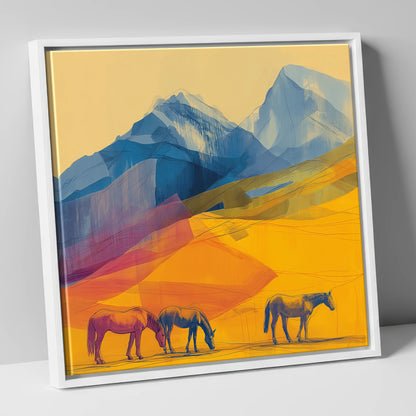 Golden Mountain Pasture horse landscape canvas wall art in white frame