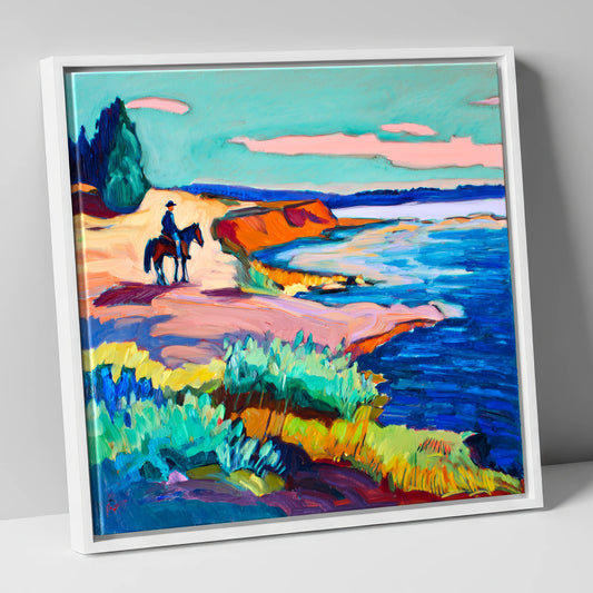 Vivid Coastal Hack beach horse canvas wall art in white frame