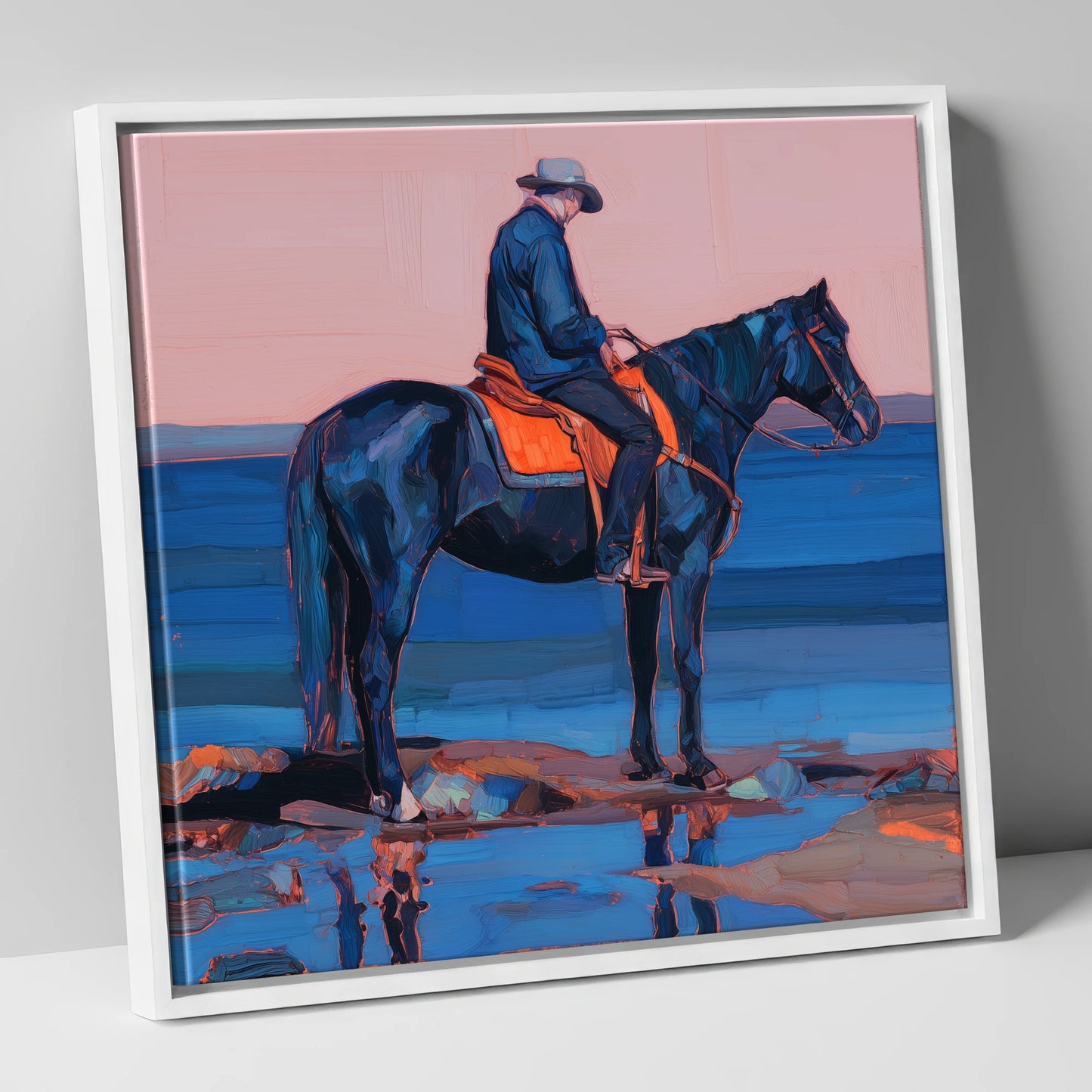 Indigo Shoreline Rider beach horse canvas wall art in white frame