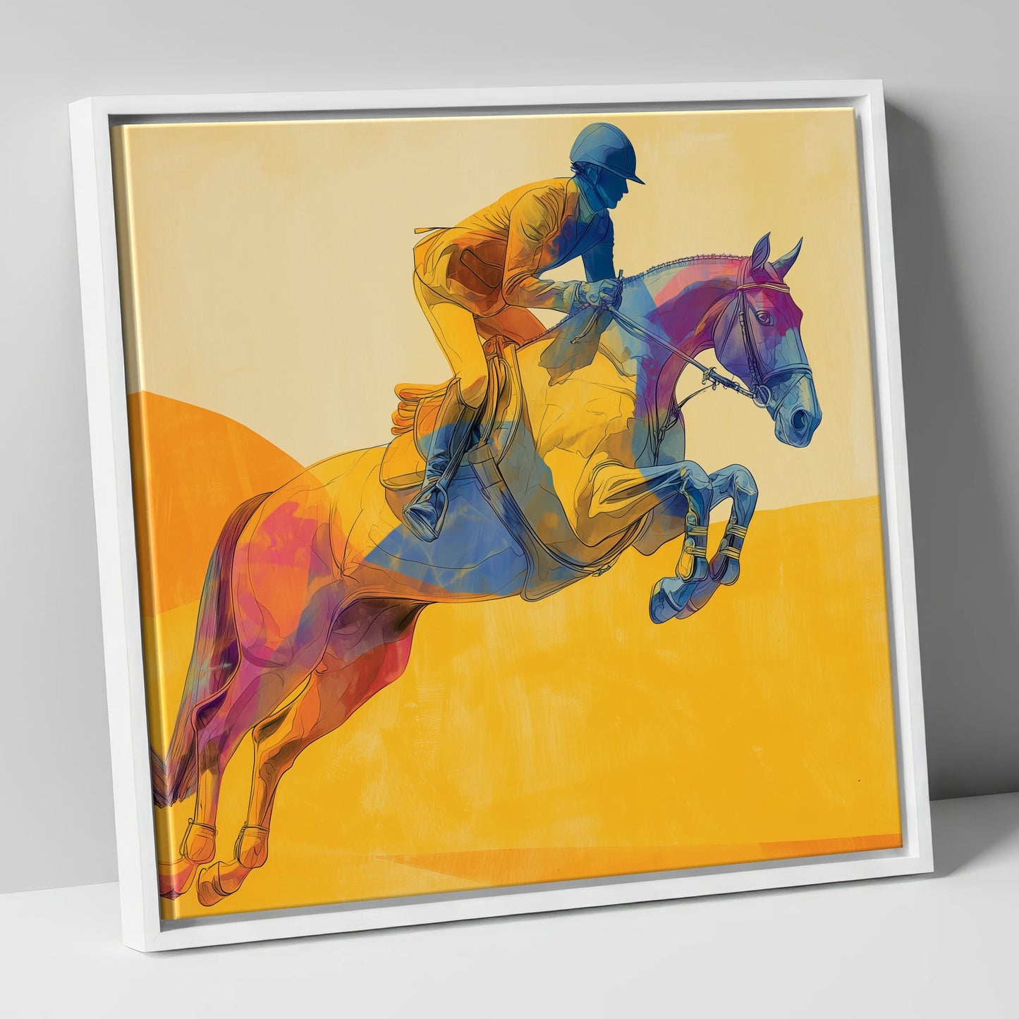 Flight Over Gold show jumping horse canvas wall art in white frame