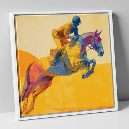 Flight Over Gold show jumping horse canvas wall art in white frame