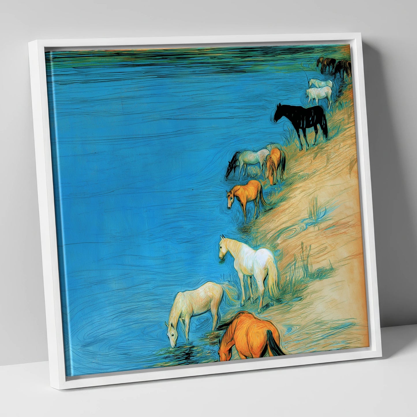 Cerulean River Herd wild horses canvas wall art in white frame