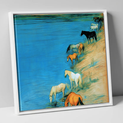 Cerulean River Herd wild horses canvas wall art in white frame