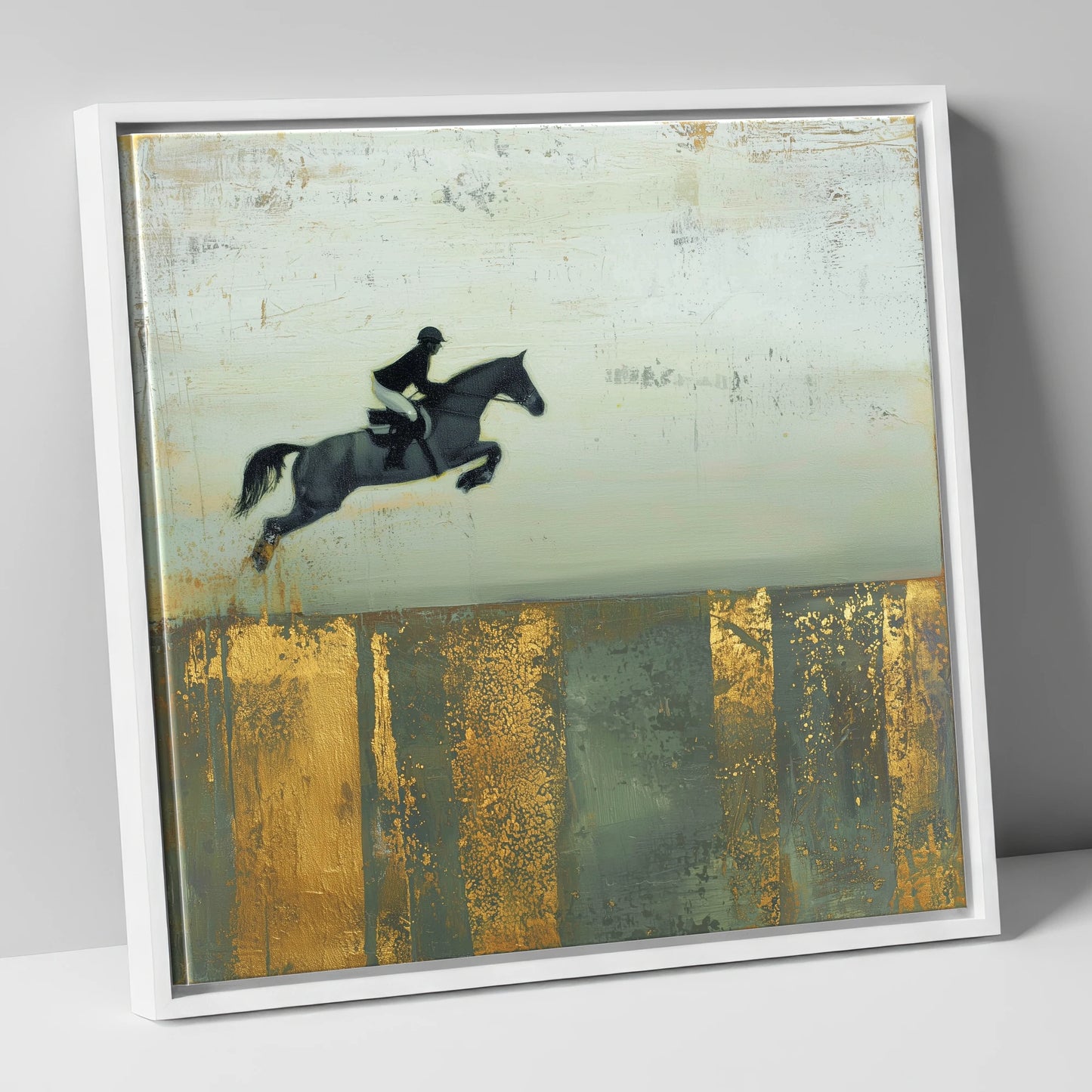 Flight Over Gold show jumping horse canvas wall art in white frame