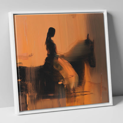 Elegance in Amber horse & rider canvas wall art in white frame