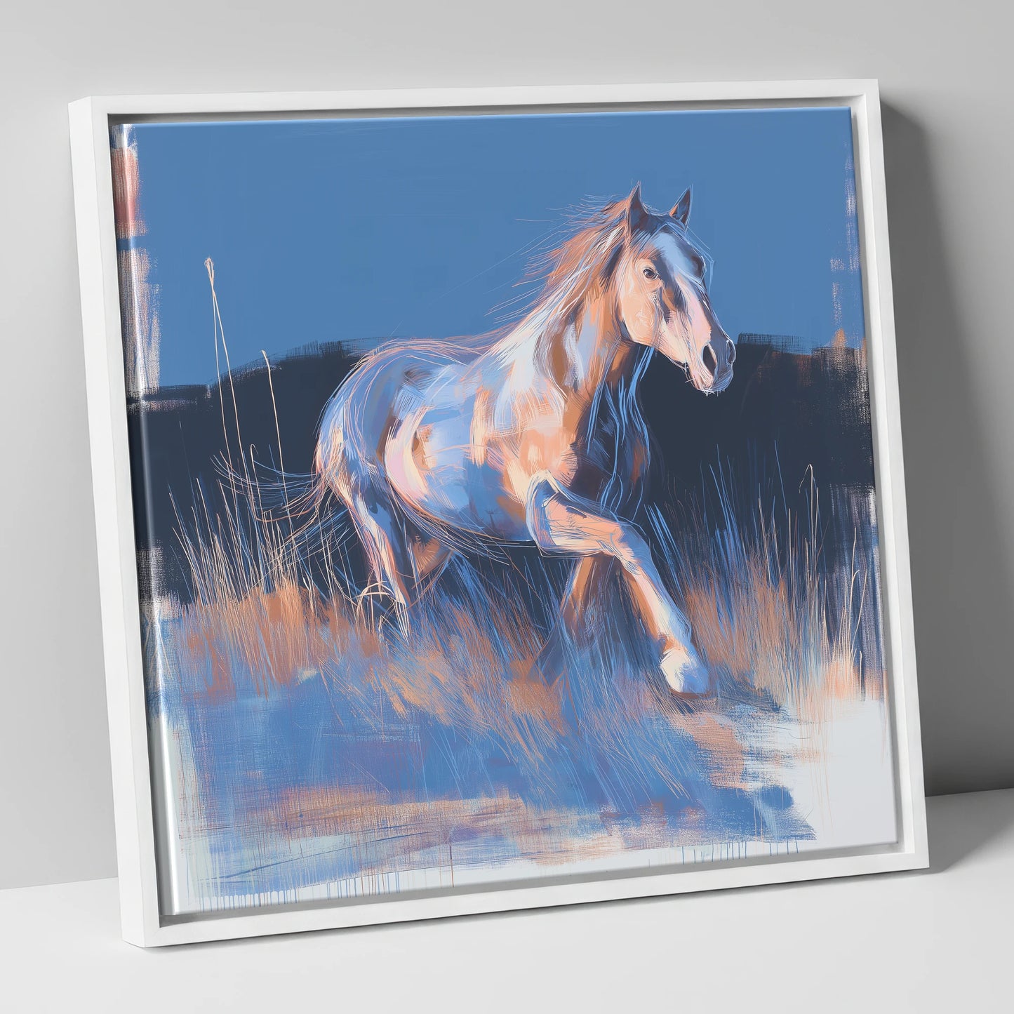 Wanderer in Blue horse landscape canvas wall art in white frame