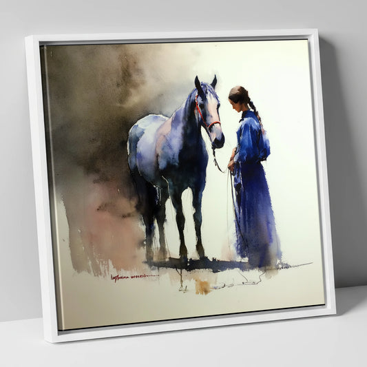 The Silent Bond horse & rider canvas wall art in white frame