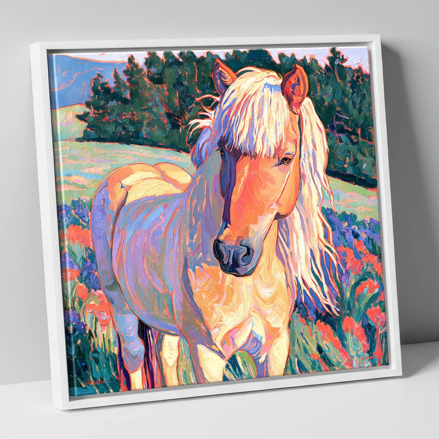 Vibrant Palomino Pony In Meadow horse breed canvas wall art in white frame