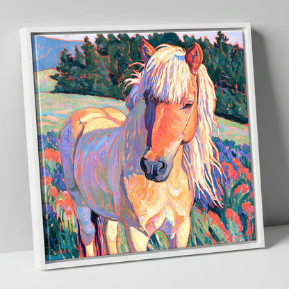 Vibrant Palomino Pony In Meadow horse breed canvas wall art in white frame