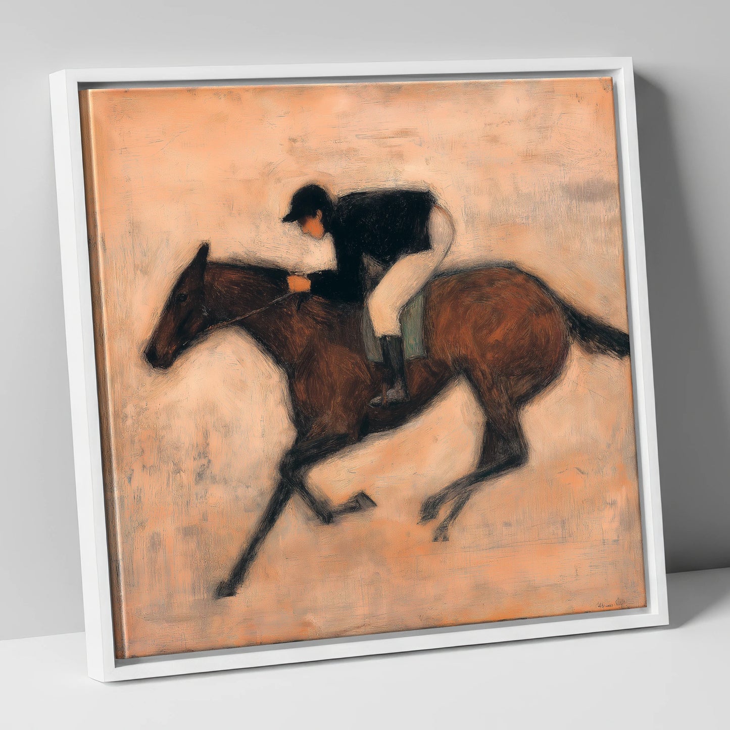Flight of the Bay racing horse canvas wall art in white frame