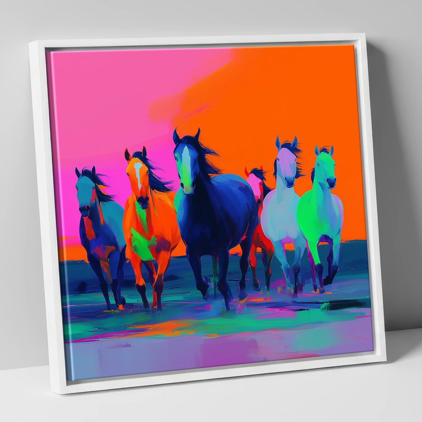 Technicolour Charge wild horses canvas wall art in white frame