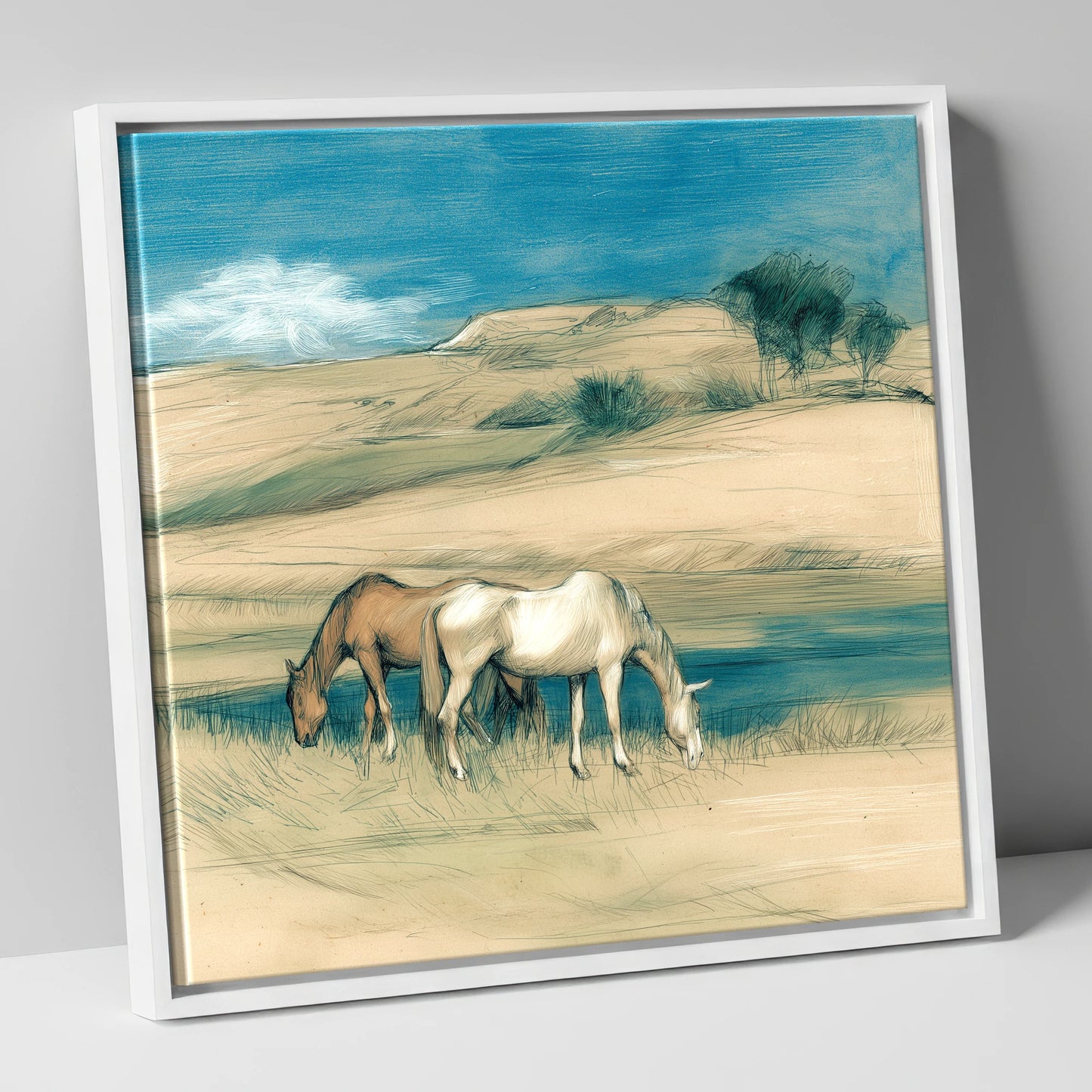 Quiet Companions horse landscape canvas wall art in white frame