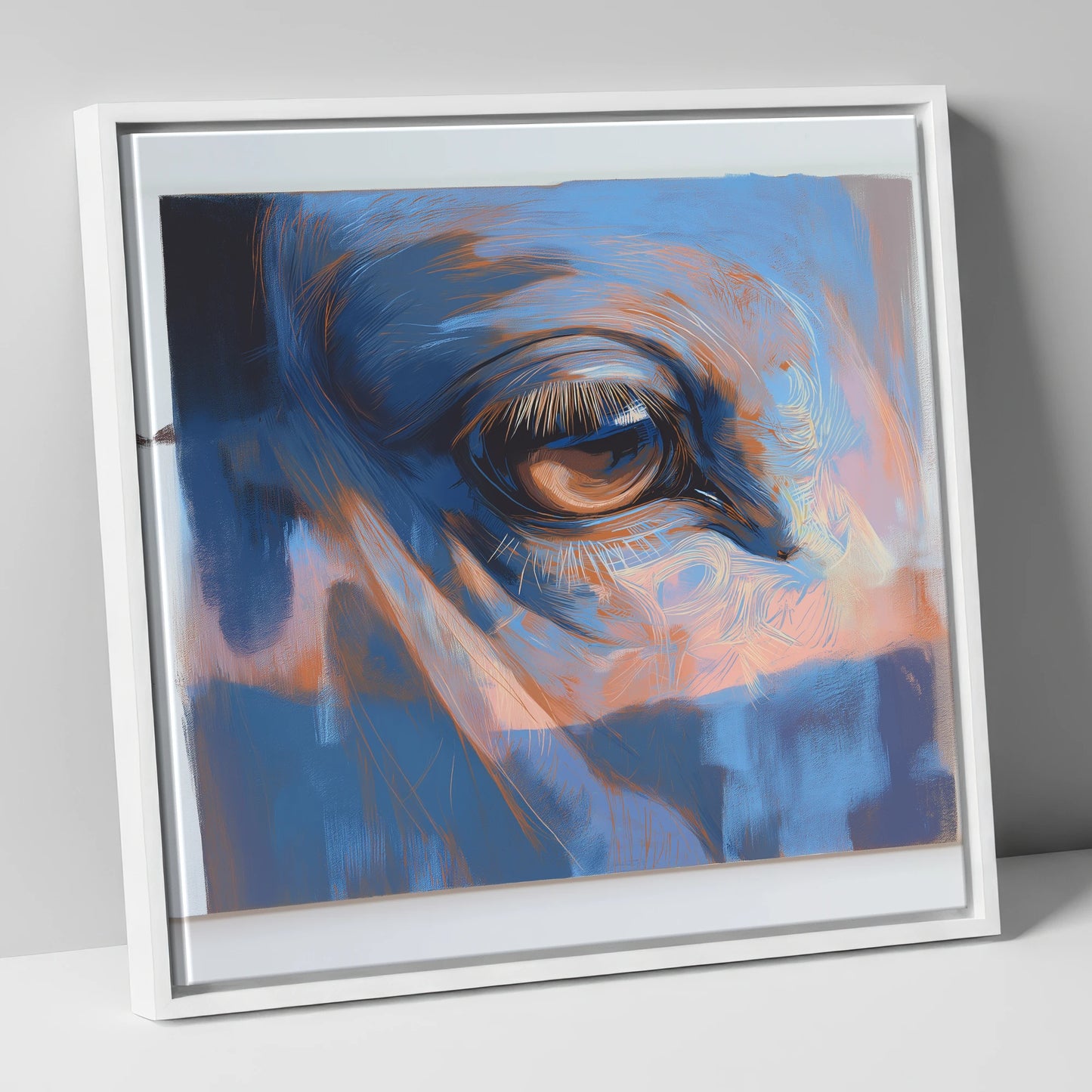 Soulful Azure Gaze horse portrait canvas wall art in white frame