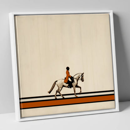 Precision in Burnt Orange dressage horse canvas wall art in white frame