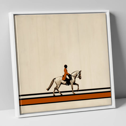 Precision in Burnt Orange dressage horse canvas wall art in white frame